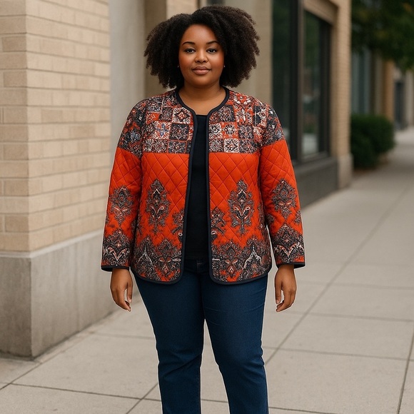 Ruby Rd Orange Lightly Quilted Jacket with Geometric Pattern - Picture 1 of 12